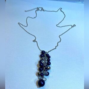 Beautiful blue faux pearl pendant on long chain necklace contemporary minimalist